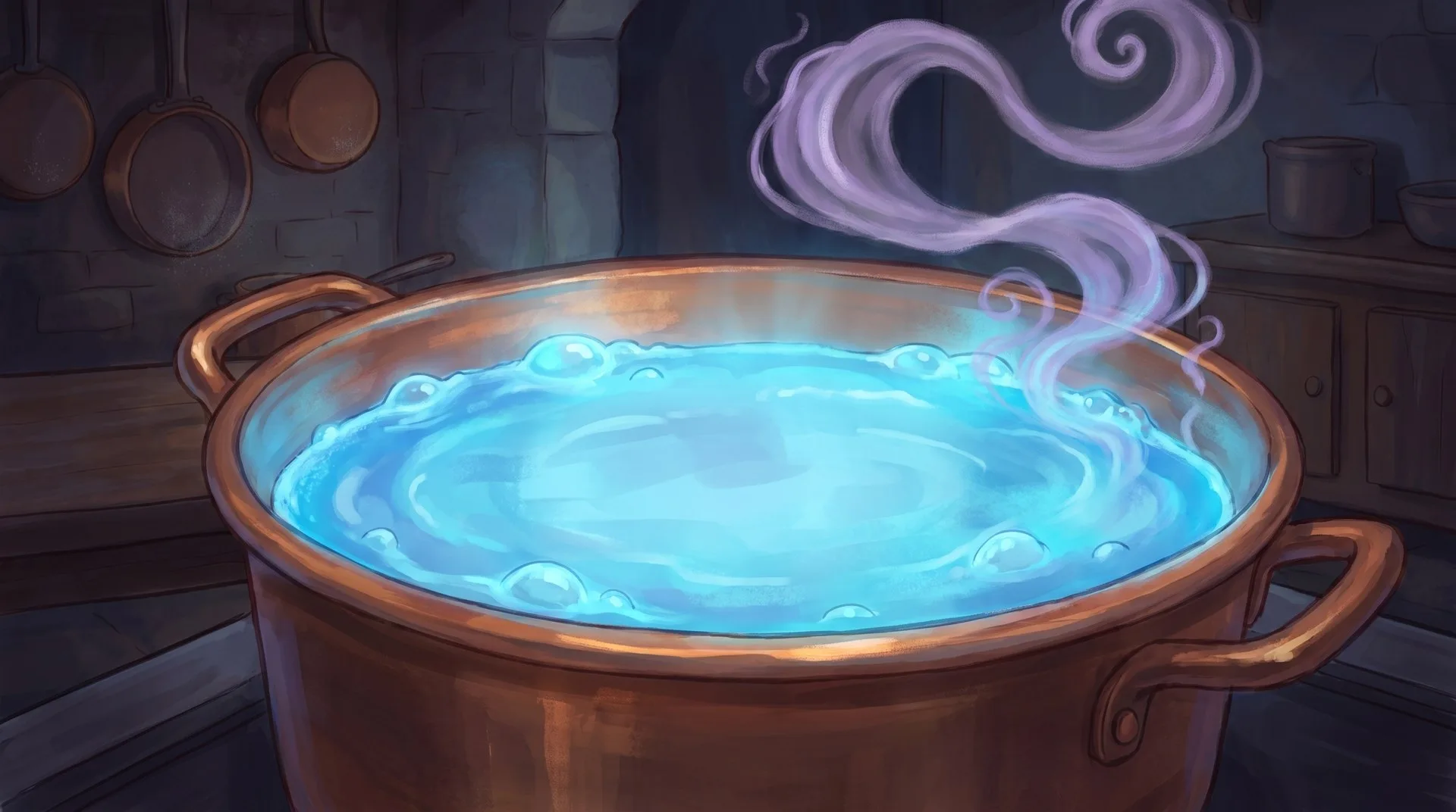 A copper pot full of glowing blue soup